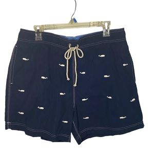 J Crew Mens Lined Swim Trunks Shorts Size Large Navy Blue & White Whale